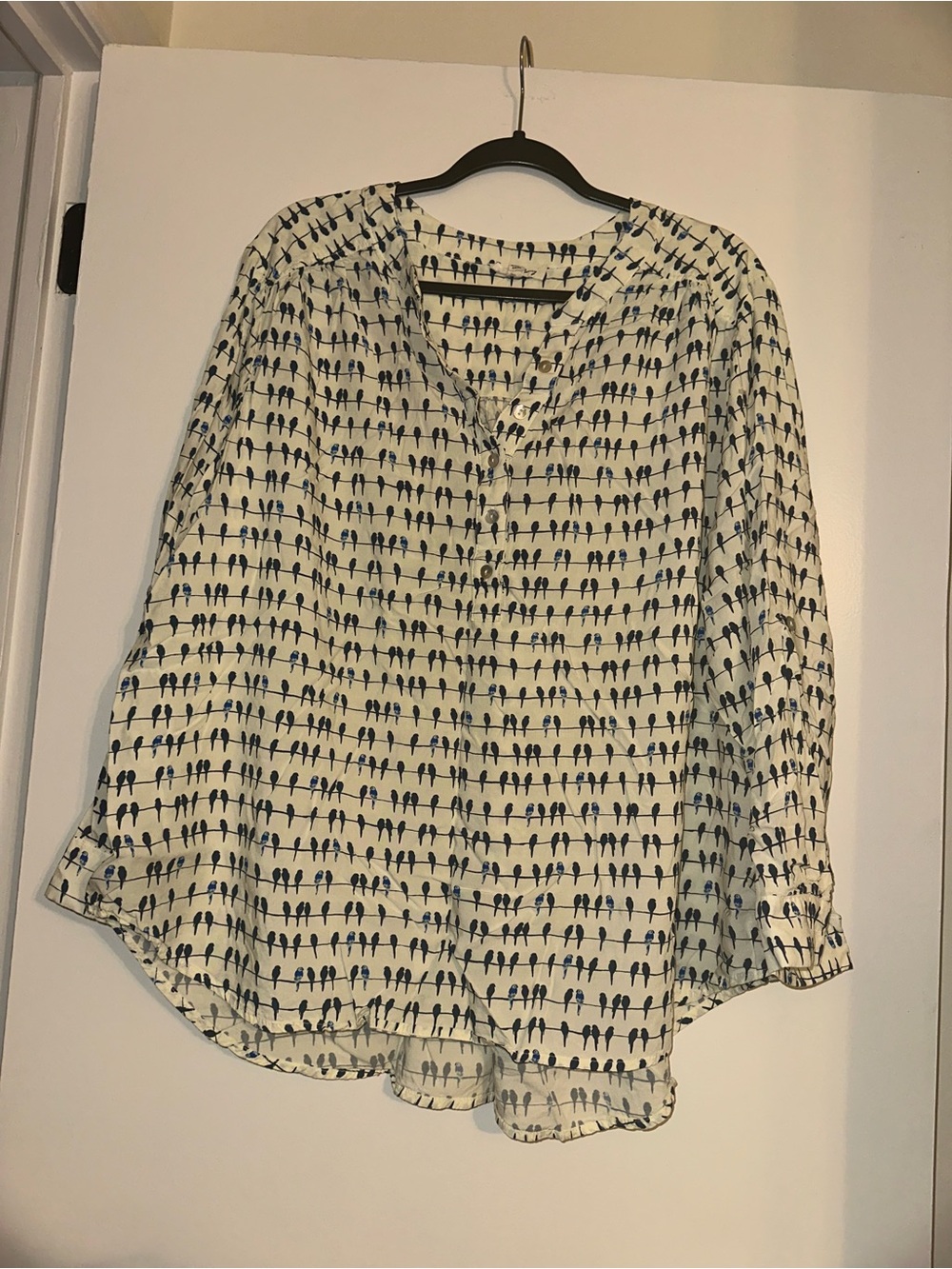 Jane and Delaney Cream and Navy Printed Button-Front Women's Blouse